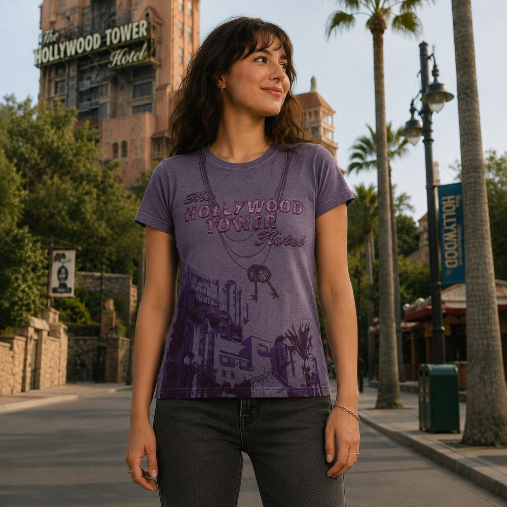 Disney Parks Tower of Terror Hollywood Tower Hotel Graphic T-Shirt Purple Sz M